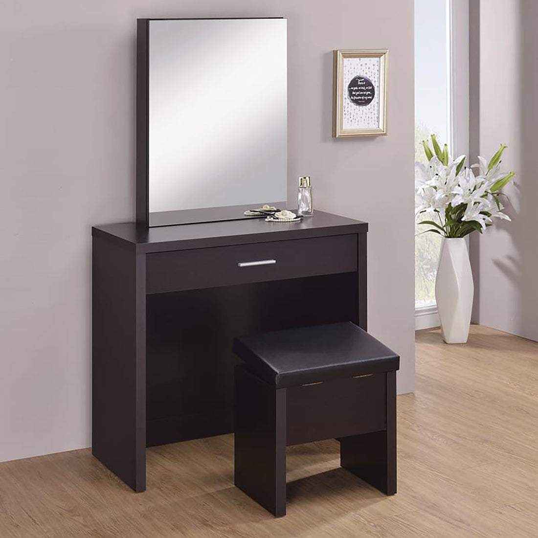 Cappuccino 3 Piece Vanity Set With Sliding Mirror Brown Drawer 1 Drawer Bedroom Contemporary,Modern Wood