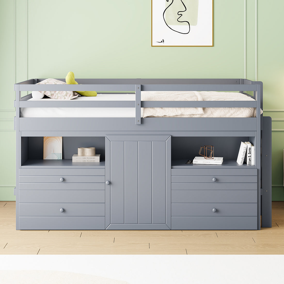 Twin Size Loft Bed With 4 Drawers, Underneath Cabinet And Shelves, Gray Gray Solid Wood Mdf