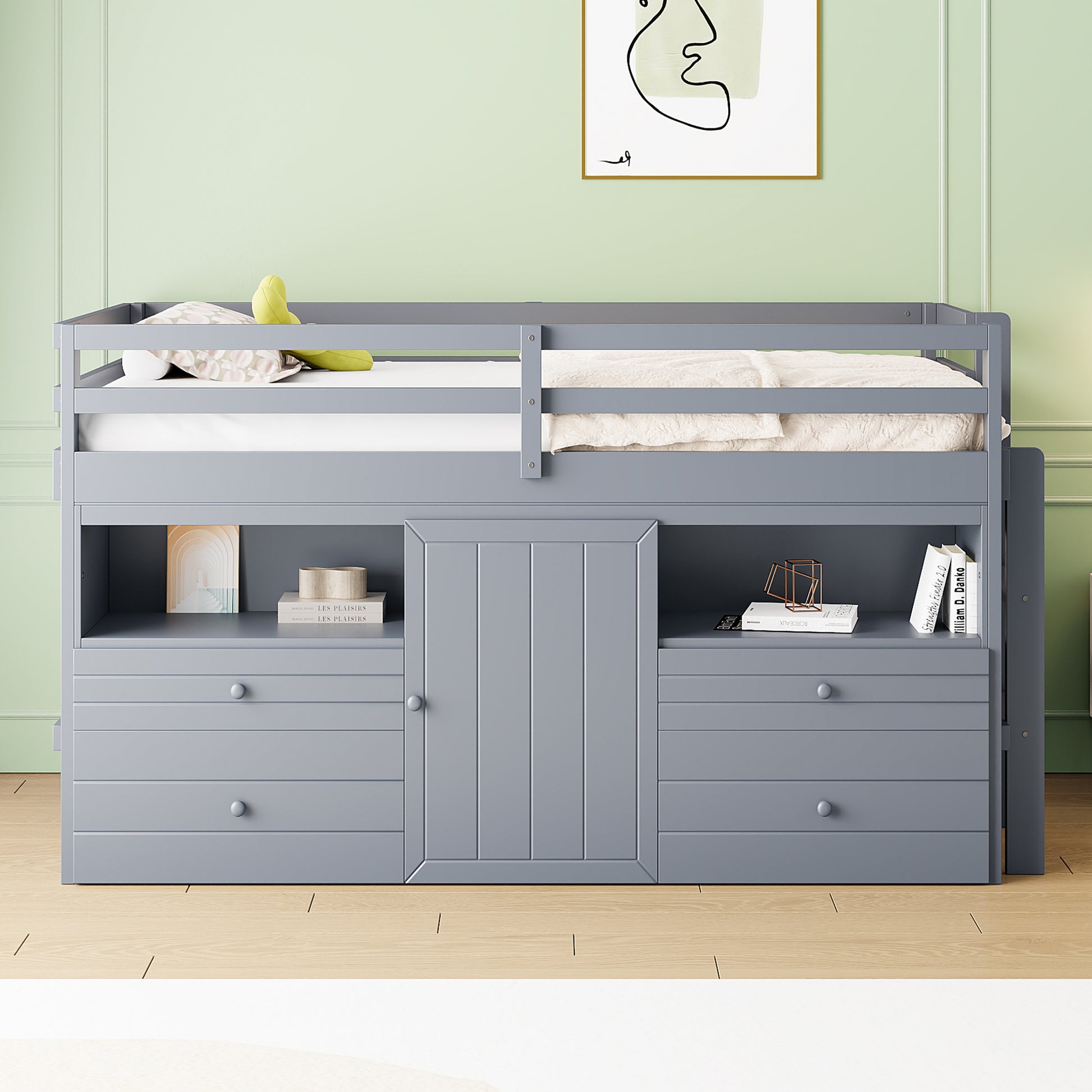 Twin Size Loft Bed With 4 Drawers, Underneath Cabinet And Shelves, Gray Gray Solid Wood Mdf