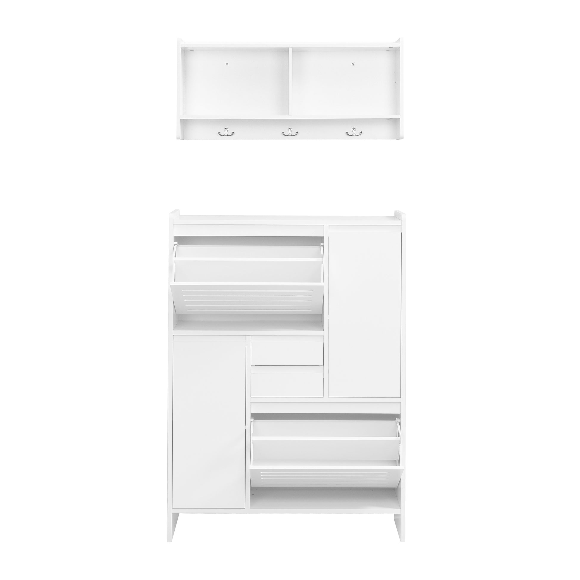 Multi Functional Shoe Cabinet With Wall Cabinet, Space Saving Design Foyer Cabinet With 2 Flip Drawers, Versatile Side Cabinet For Hallway, White White Primary Living Space Particle Board