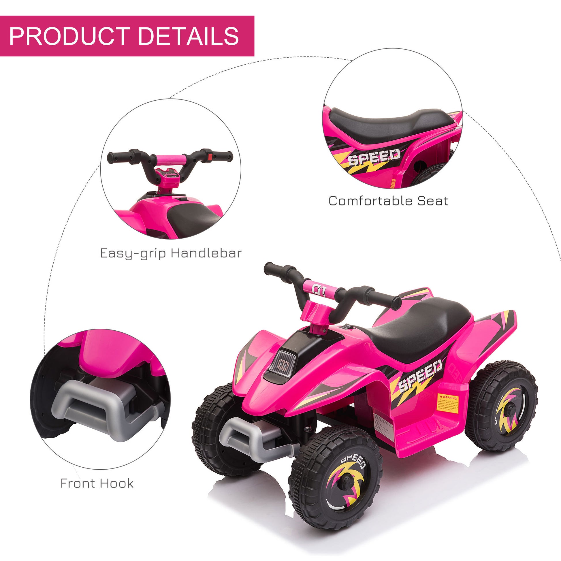 6V Kids Atv 4 Wheeler Ride On Car, Electric Motorized Quad Battery Powered Vehicle With Forward Reverse Switch For 18 36 Months Old Toddlers, Pink Pink Steel