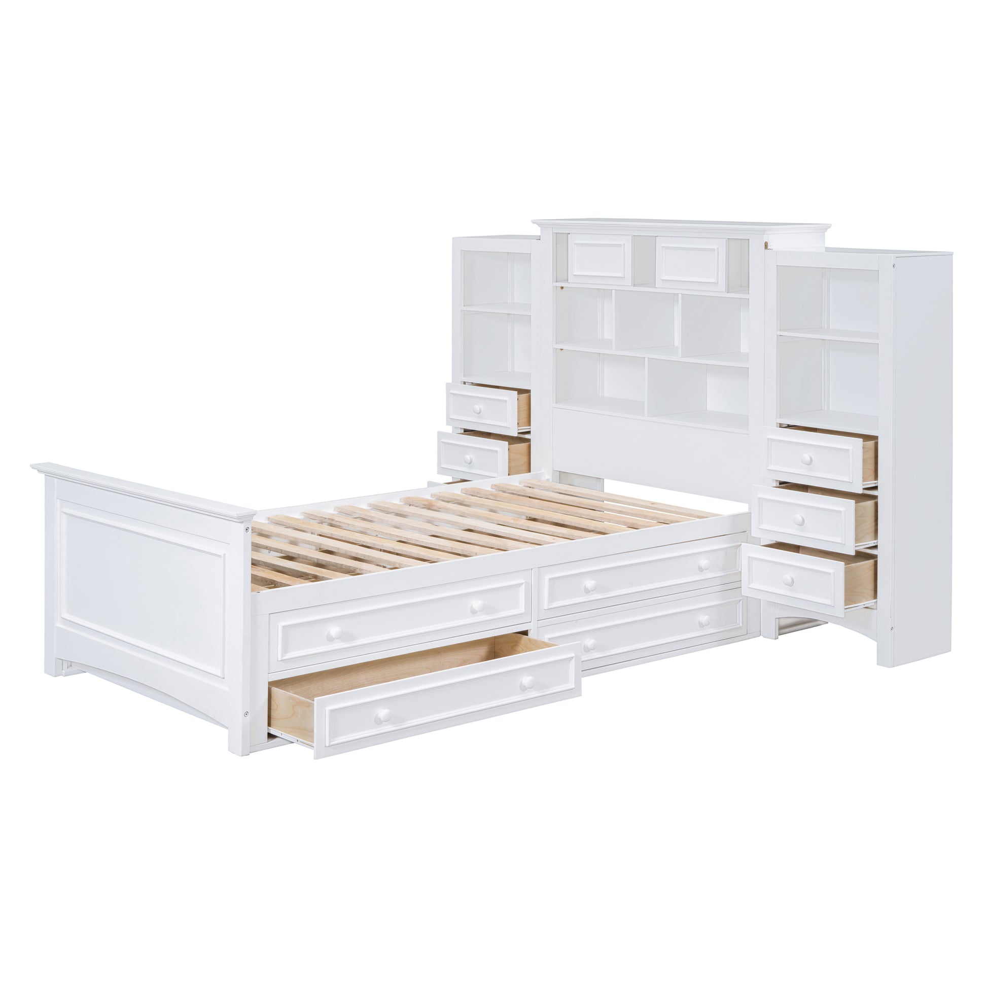 Twin Size Wood Platformbed With Vertical All In One Cabinet And 4 Drawers On Each Side, White Twin White Solid Wood Mdf