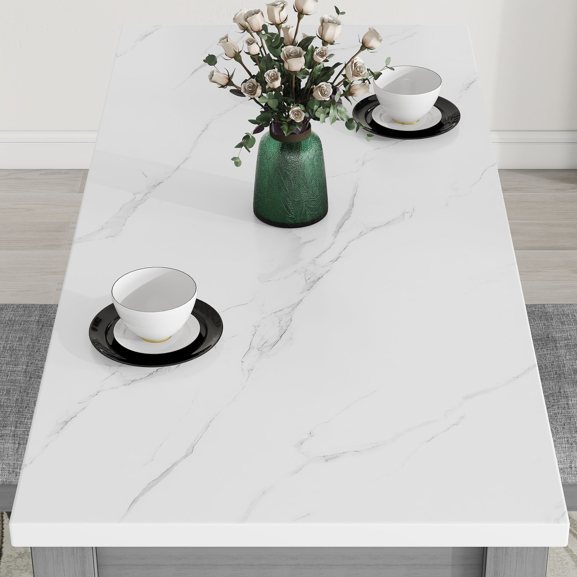 3 Piece Counter Height Dining Table Set With Built In Storage Shelves, One Faux Marble Top Dining Table And 2 Counter Chairs With Footrest,Grey Grey Mdf
