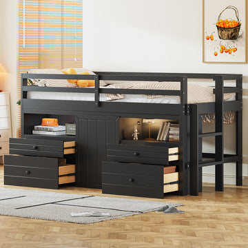 Twin Size Loft Bed With 4 Drawers, Underneath Cabinet And Shelves, Espresso Espresso Solid Wood Mdf