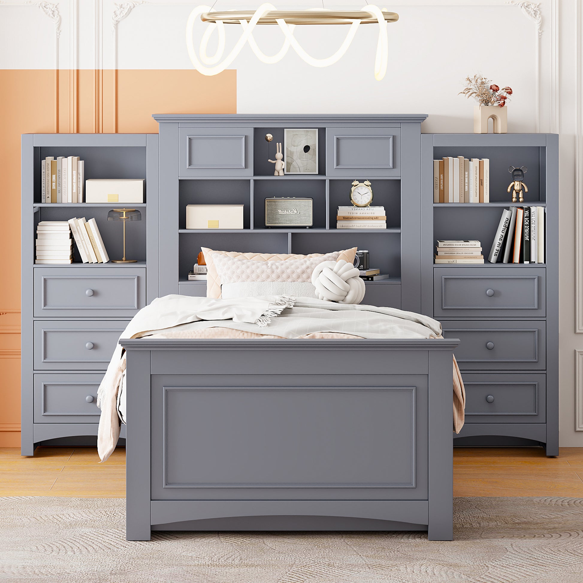 Twin Size Wood Platformbed With Vertical All In One Cabinet And 4 Drawers On Each Side, Gray Twin Gray Solid Wood Mdf