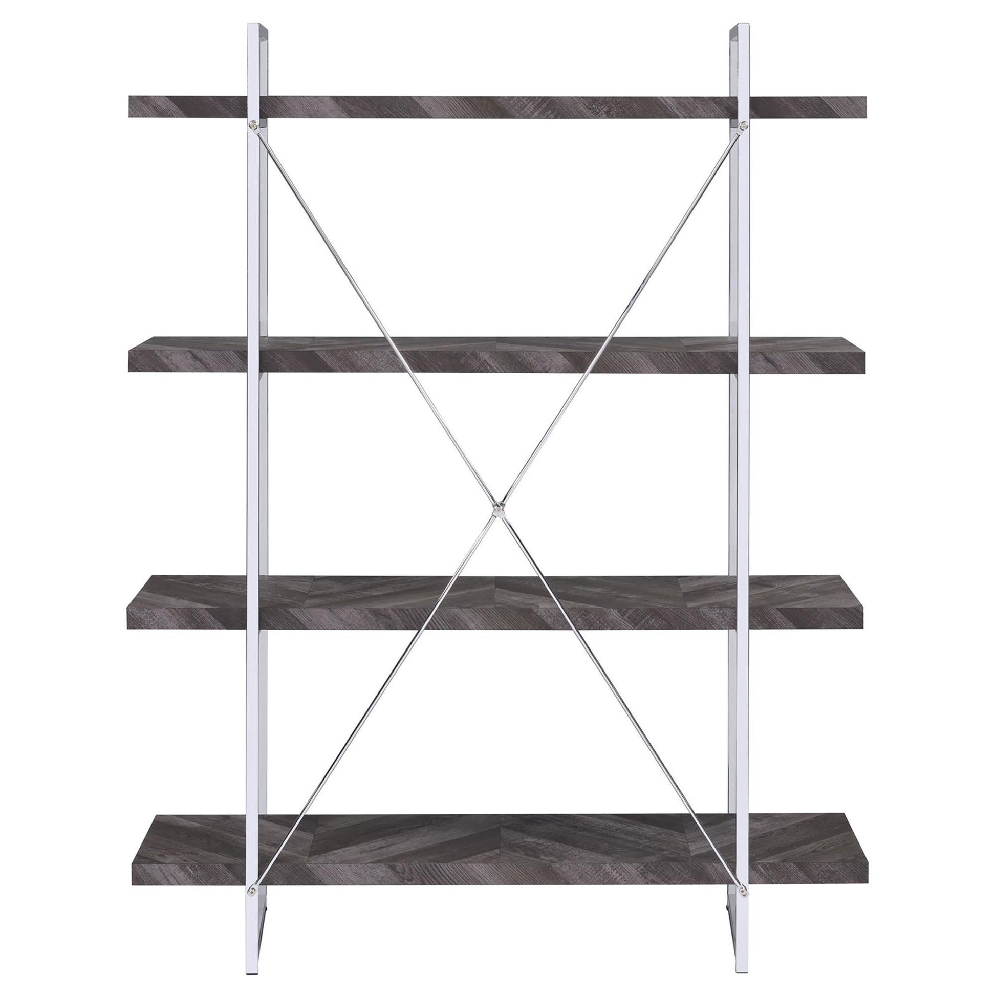 Rustic Grey Herringbone Bookcase With Full Length Shelf 4 Grey Gray Standard Horizontal Primary Living Space Open Back Wood Rustic Wood