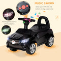 Kids Ride On Push Car, Foot To Floor Walking Sliding Toy Car For Toddler With Working Horn, Music, Headlights And Storage, Black Black Metal