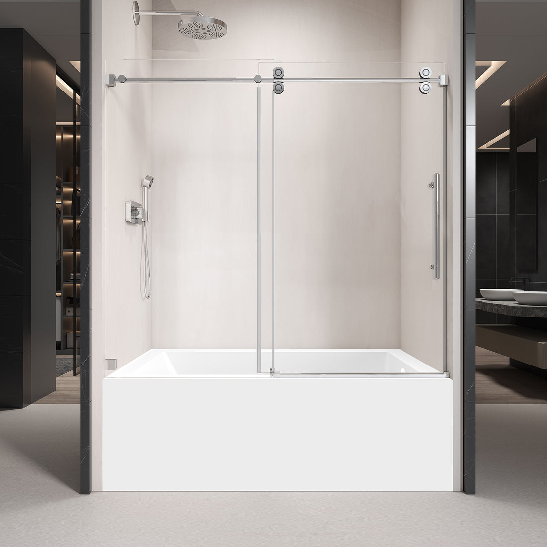 56'' 60'' W X 66'' H Single Sliding Frameless Tub Shower Door With 3 8 Inch 10Mm Clear Glass In Chrome Chrome Stainless Steel