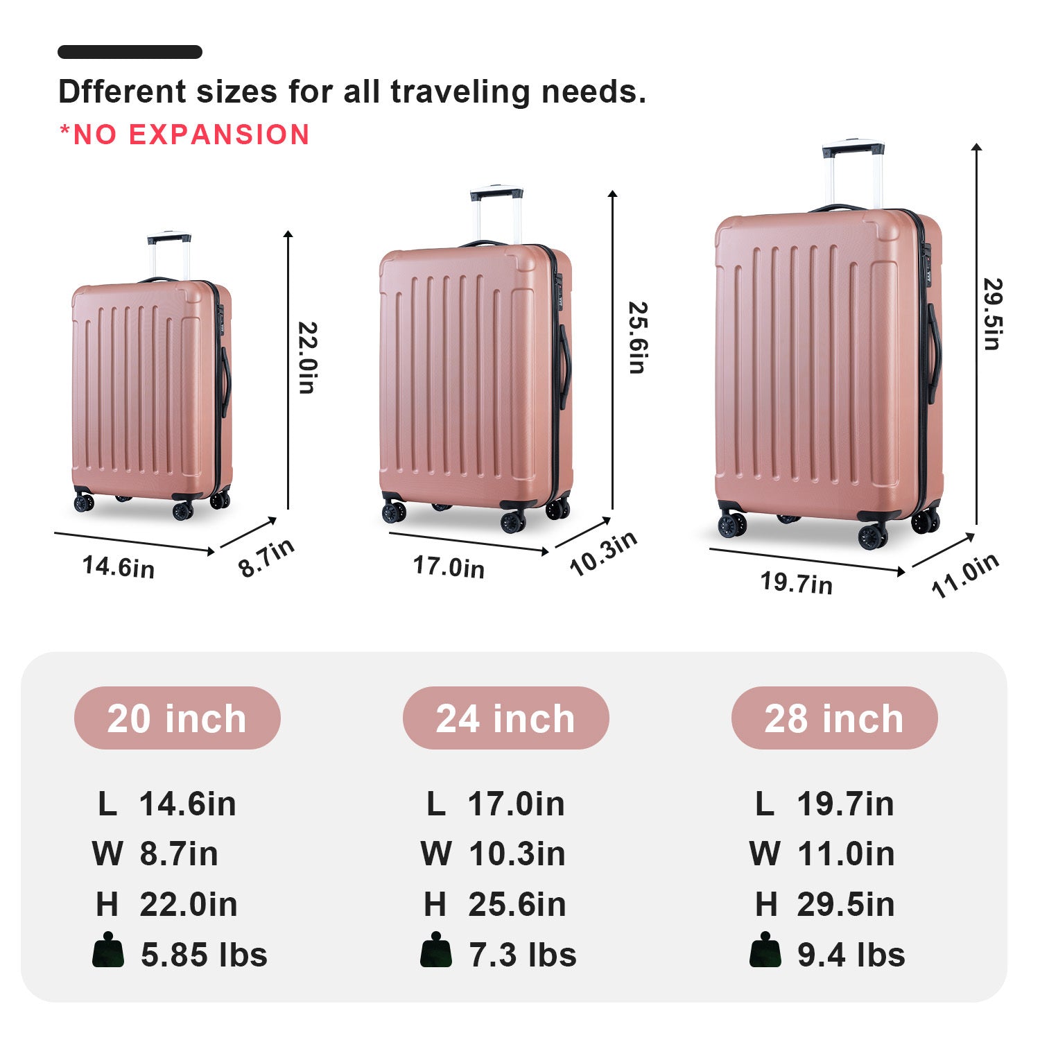 Luggage Sets Abs Pc Hardshell 3Pcs Clearance Luggage Hardside Lightweight Durable Suitcase Sets Spinner Wheels Suitcase With Tsa Lock 20 24 28 ,Rosegold Rose Gold Abs Pc