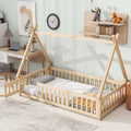 Twin Tent Shaped Floor Bed, With Guardrails, Slats, Door ,Natural Twin Natural Wood Bedroom American Design Pine Bed Frame Pine