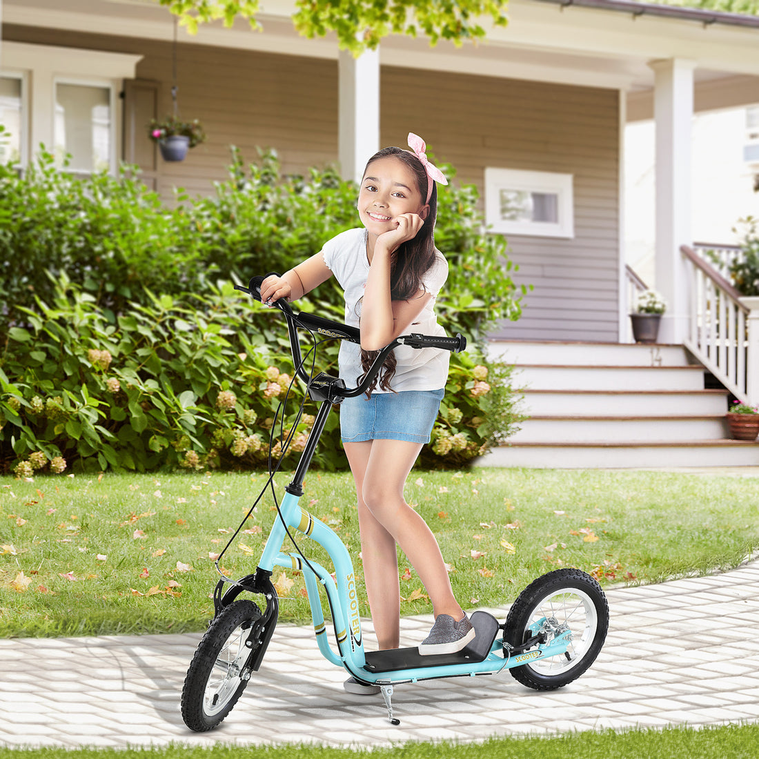 Youth Scooter Front And Rear Caliper Dual Brakes 12 Inch Inflatable Front Wheel Ride On Toy For Age 5 , Blue Blue Metal