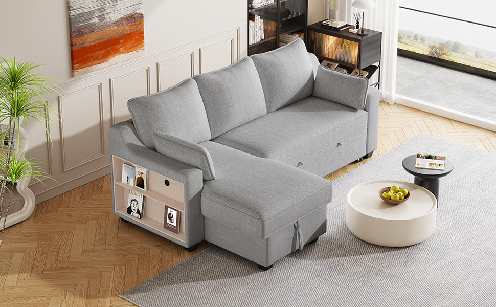 90" Pull Out Sleeper Sofa L Shaped Couch Convertible Sofa Bed With Storage Chaise, Storage Racks And Usb Ports, Light Grey Light Grey Foam Polyester 3 Seat