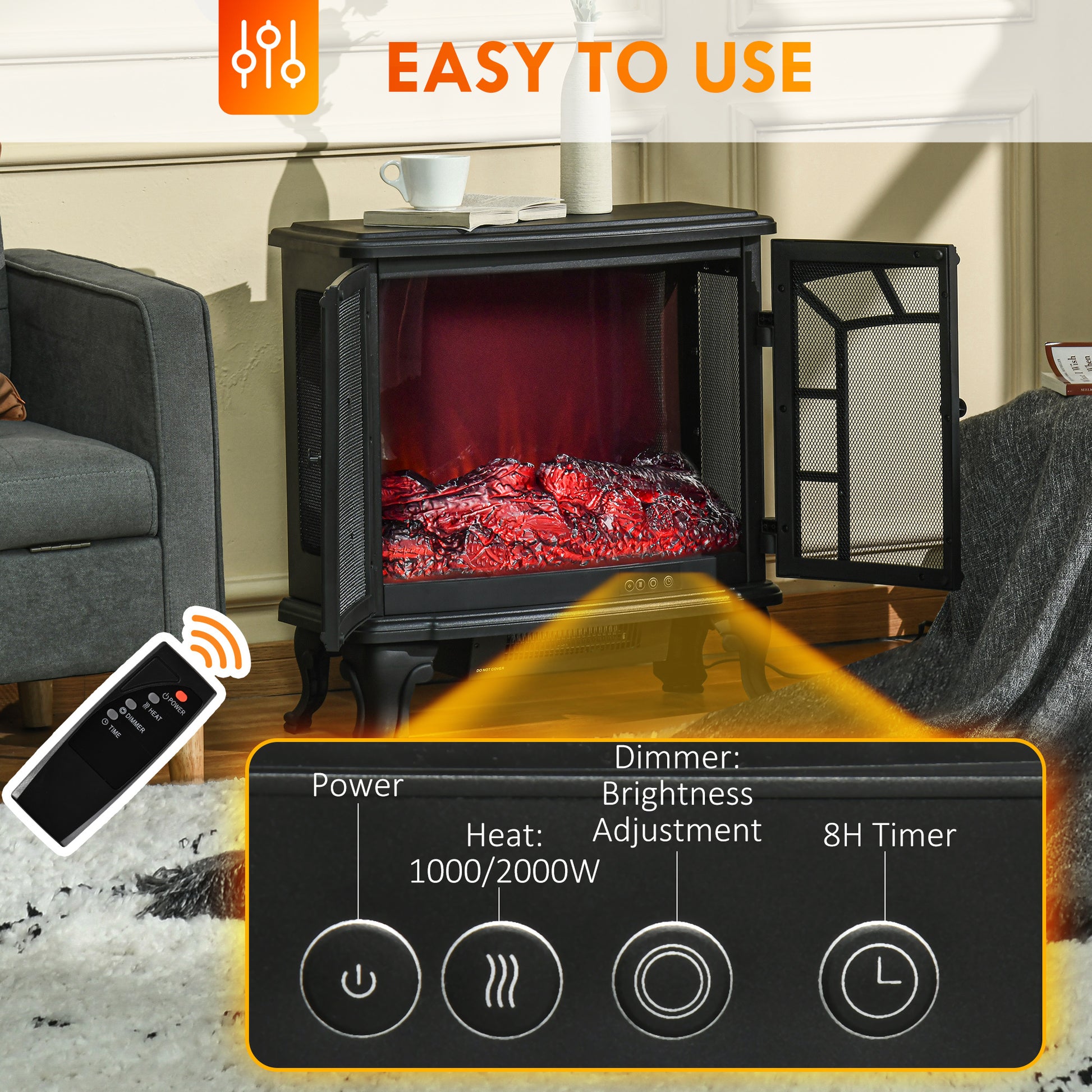 27" Electric Fireplace Heater, Fireplace Stove With Realistic Led Flames And Logs, Remote Control And Overheating Protection, 750W 1500W, Black Black Abs