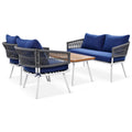 K&K 4 Piece Boho Rope Patio Furniture Set, Outdoor Furniture With Acacia Wood Table, Patio Conversation Set With Deep Seating & Thick Cushion For Backyard Porch Balcony, Navy Blue Yes Complete Patio Set Navy Blue Weather Resistant Frame Fade Resistant