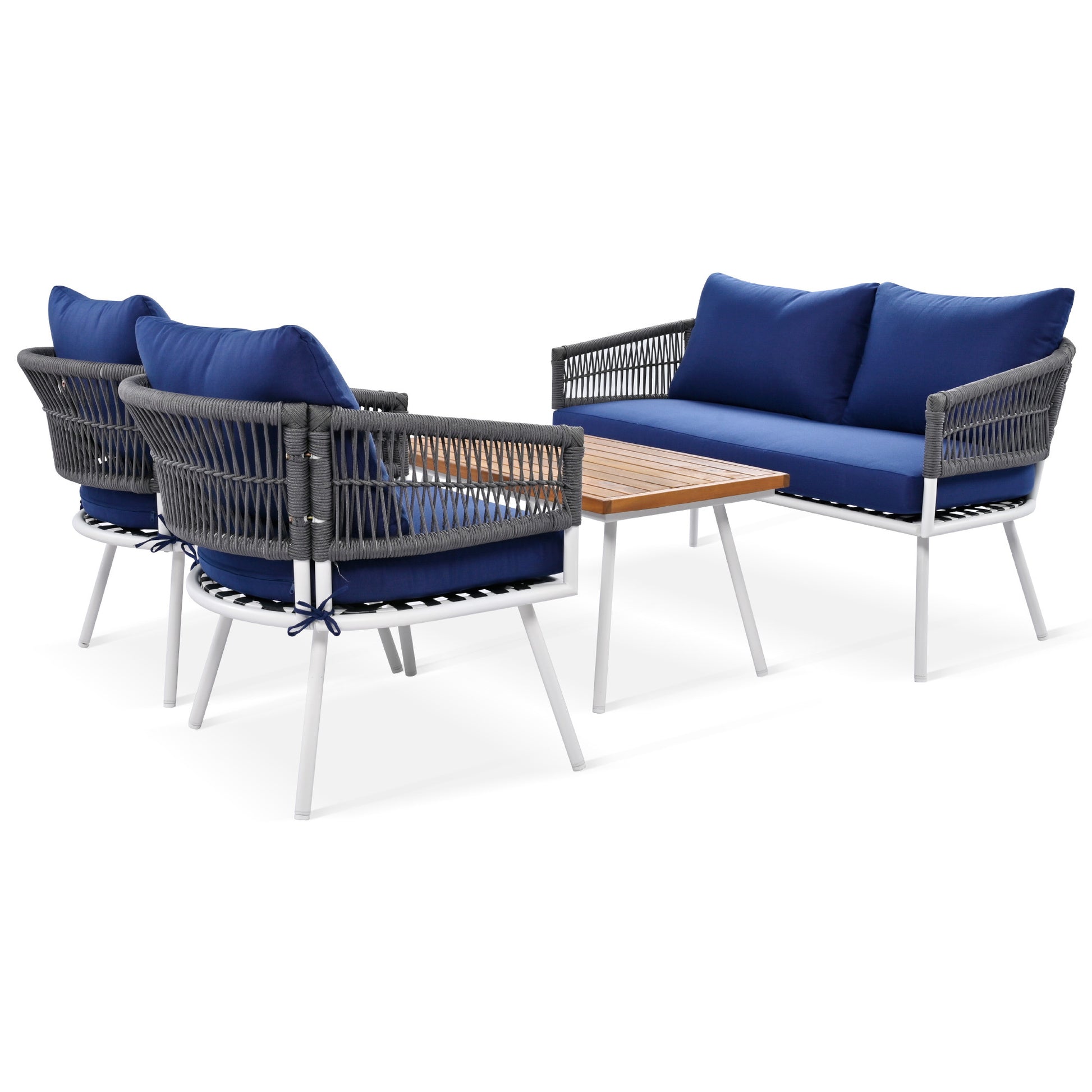 K&K 4 Piece Boho Rope Patio Furniture Set, Outdoor Furniture With Acacia Wood Table, Patio Conversation Set With Deep Seating & Thick Cushion For Backyard Porch Balcony, Navy Blue Yes Complete Patio Set Navy Blue Weather Resistant Frame Fade Resistant