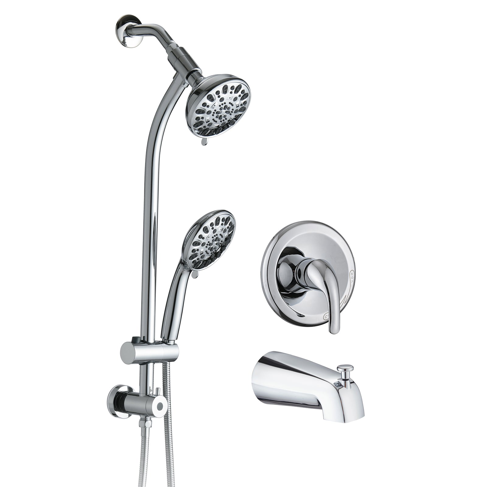 Drill Free Stainless Steel Slide Bar Combo Rain Showerhead 7 Setting Hand, Dual Shower Head Spa System With Tup Spout Rough In Valve Included Chrome Abs