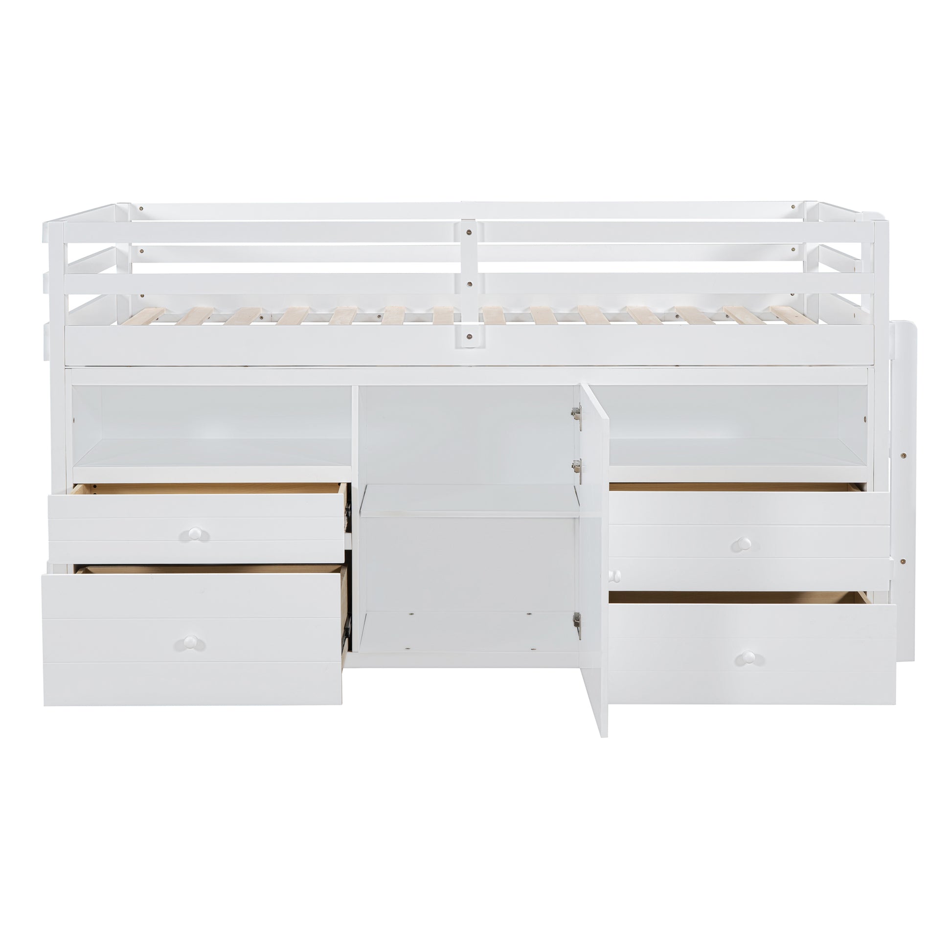 Twin Size Loft Bed With 4 Drawers, Underneath Cabinet And Shelves, White White Solid Wood Mdf