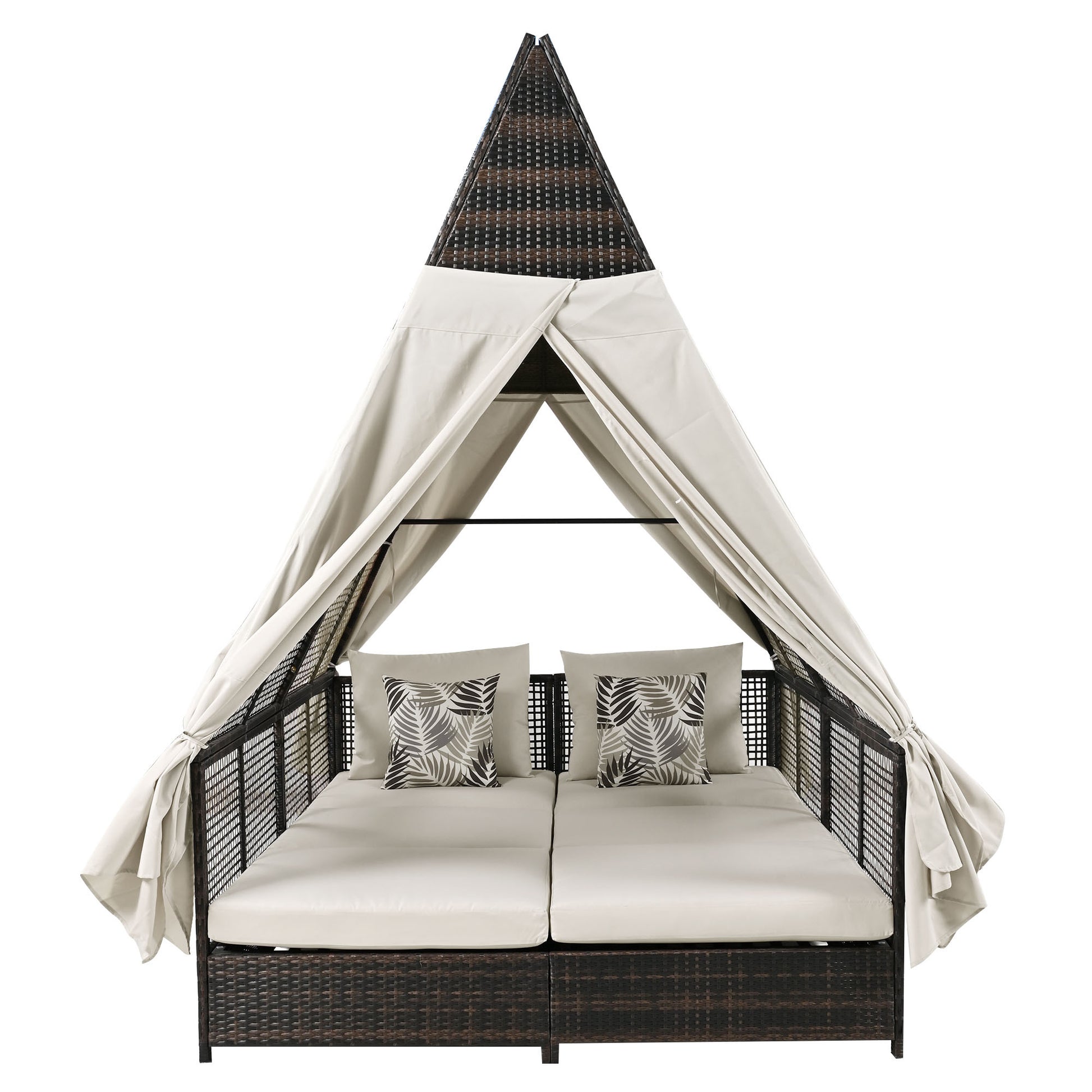 Outdoor Daybed Patio Lounge Bed With Adjustable Backrest Outdoor Double Sun Lounger With Curtains, 4 Pillows For Garden Patio Poolside Balcony Beach, Beige Yes Beige Water Resistant Frame Water Resistant Cushion Garden & Outdoor Sectional Seating Groups