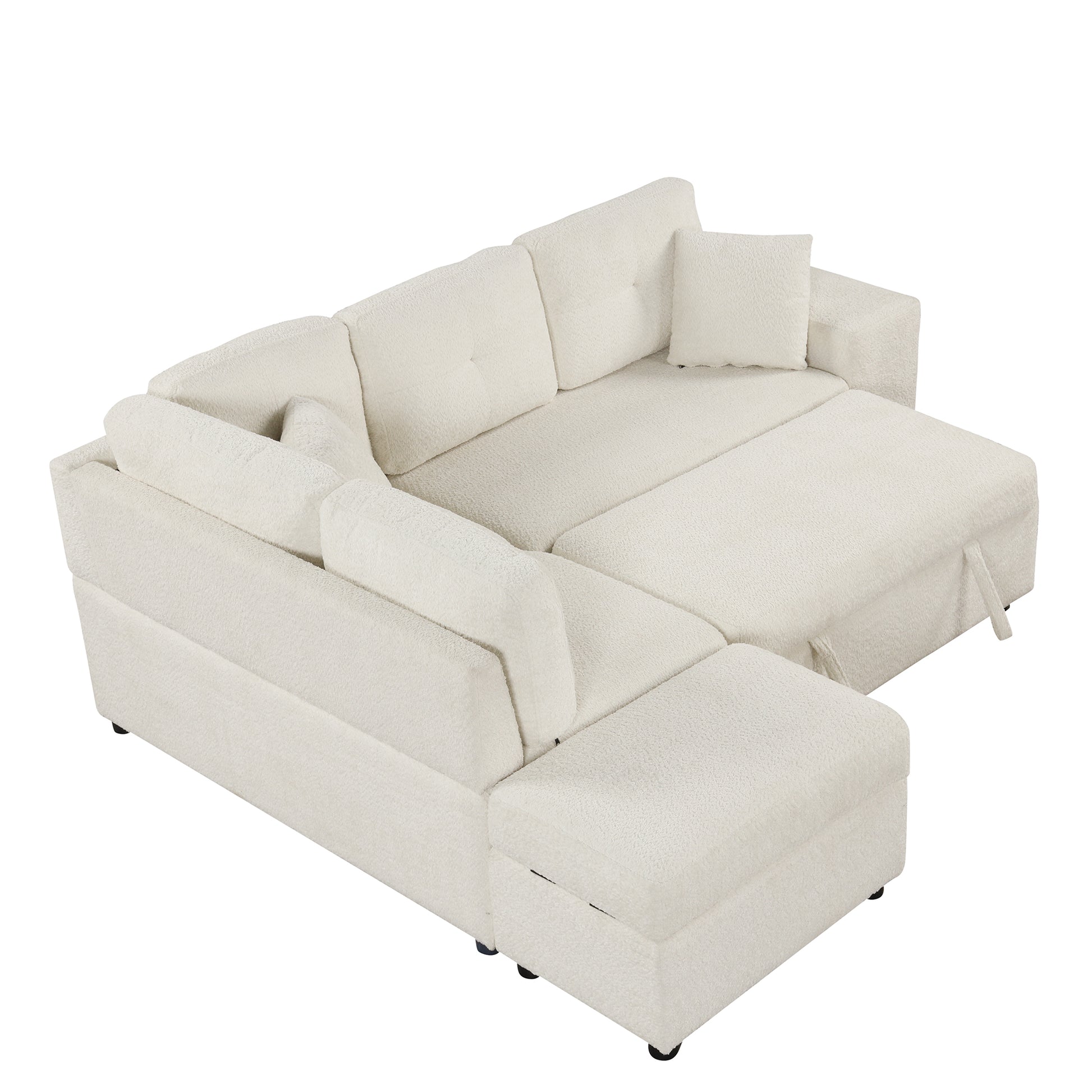 87.7" Convertible Sleeper, Sectional Pull Out Sofa Bed With Storage Ottoman, 2 Throw Pillows, 2 Stools, Wireless Charger And Two Hidden Usb Ports For Living Room, Cream Cream Chenille 4 Seat