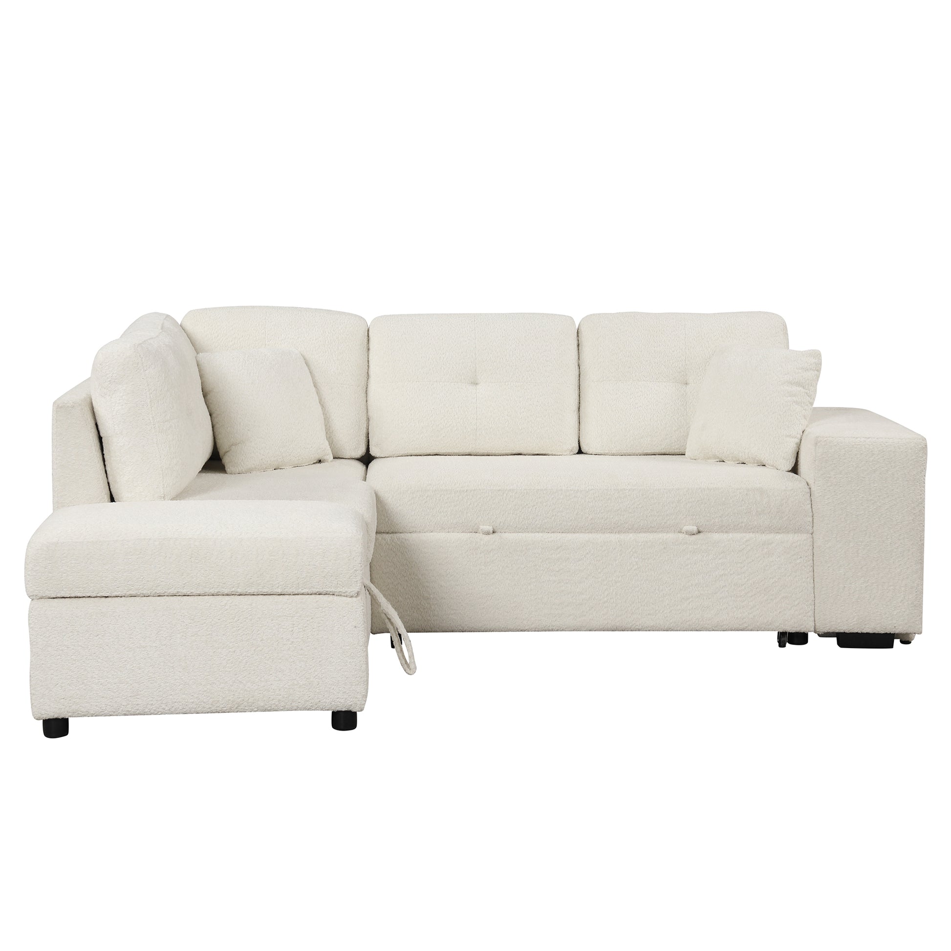 87.7" Convertible Sleeper, Sectional Pull Out Sofa Bed With Storage Ottoman, 2 Throw Pillows, 2 Stools, Wireless Charger And Two Hidden Usb Ports For Living Room, Cream Cream Chenille 4 Seat