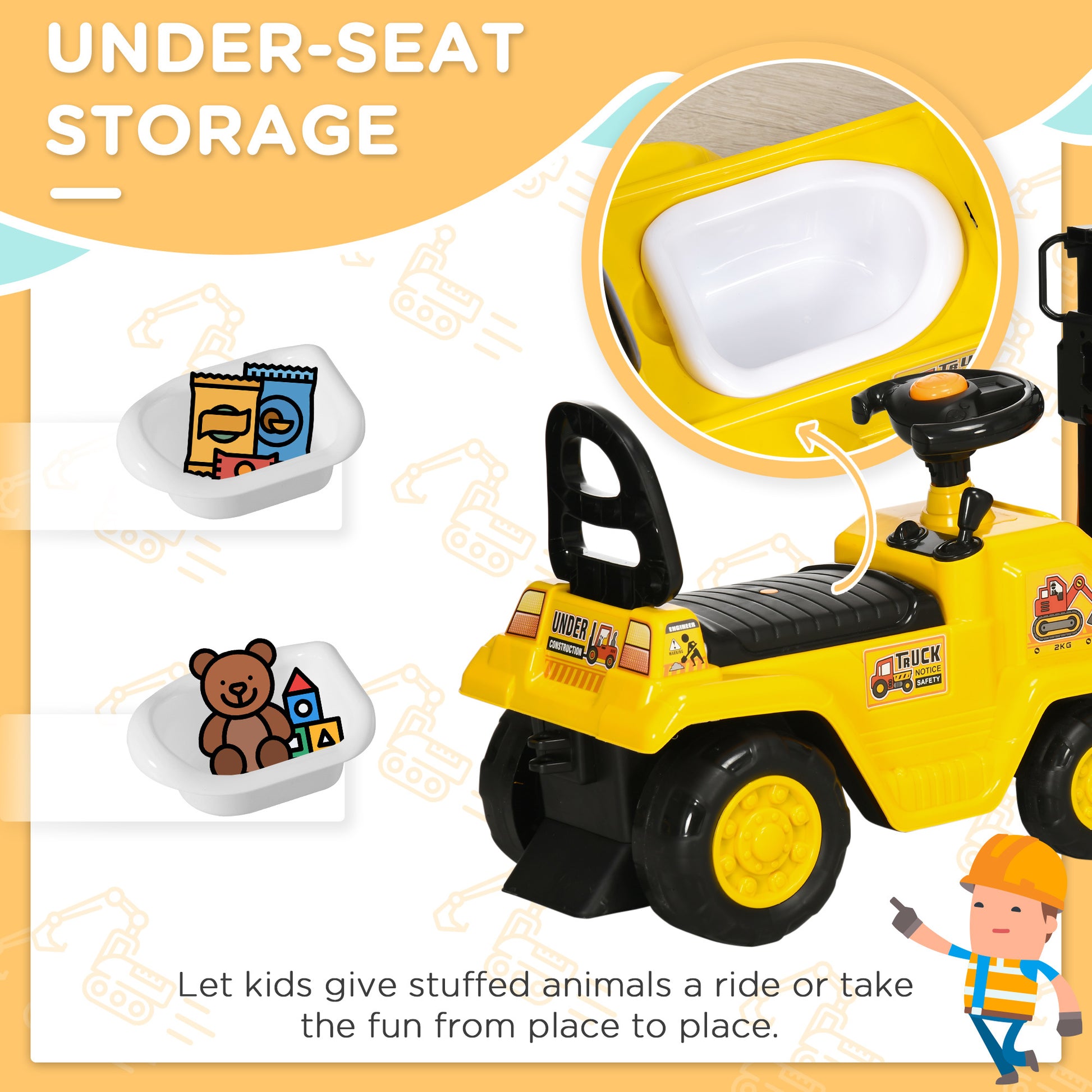 Sit And Scoot Ride On Toy With Forklift Operation, Construction Toys For Kids With Under Seat Storage, Forklift Toy For 3 Year Old Boys & Girls, Imagination Toys Yellow Abs