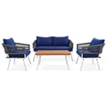 K&K 4 Piece Boho Rope Patio Furniture Set, Outdoor Furniture With Acacia Wood Table, Patio Conversation Set With Deep Seating & Thick Cushion For Backyard Porch Balcony, Navy Blue Yes Complete Patio Set Navy Blue Weather Resistant Frame Fade Resistant