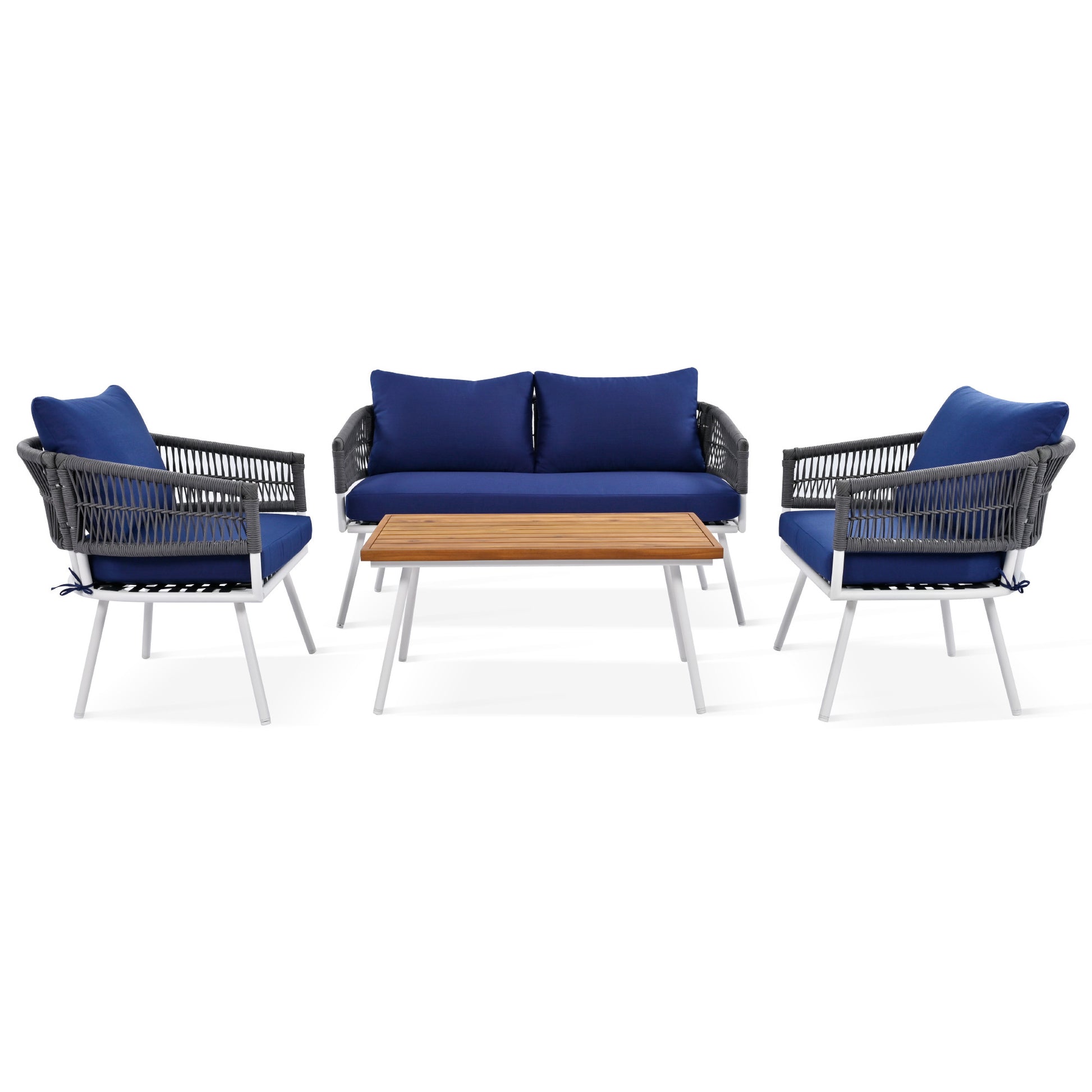 K&K 4 Piece Boho Rope Patio Furniture Set, Outdoor Furniture With Acacia Wood Table, Patio Conversation Set With Deep Seating & Thick Cushion For Backyard Porch Balcony, Navy Blue Yes Complete Patio Set Navy Blue Weather Resistant Frame Fade Resistant