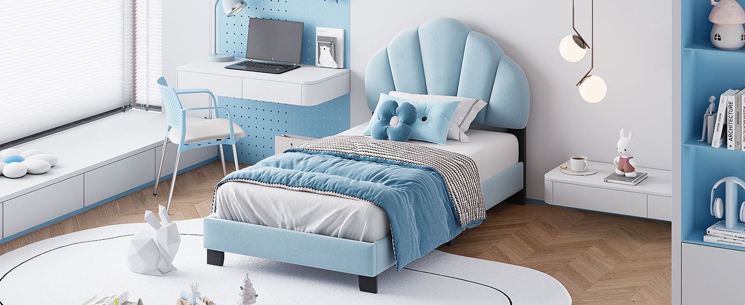 Twin Size Upholstered Velvet Platform Bed With Shell Shaped Headboard, Blue Blue Upholstered