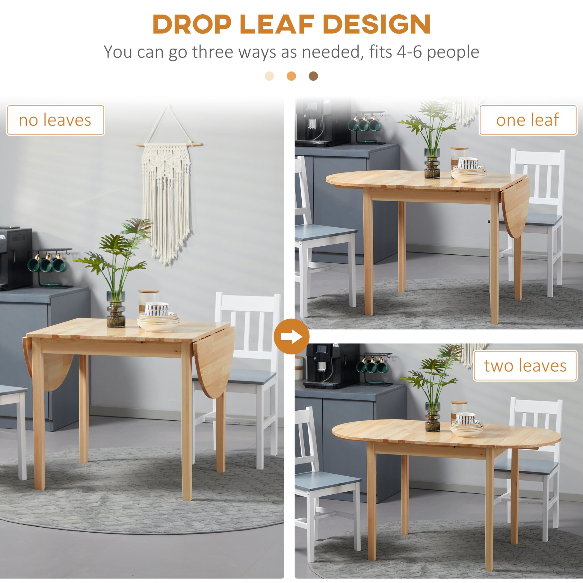 55" Solid Wood Kitchen Table, Drop Leaf Tables For Small Spaces, Folding Dining Table, Natural Natural Pine