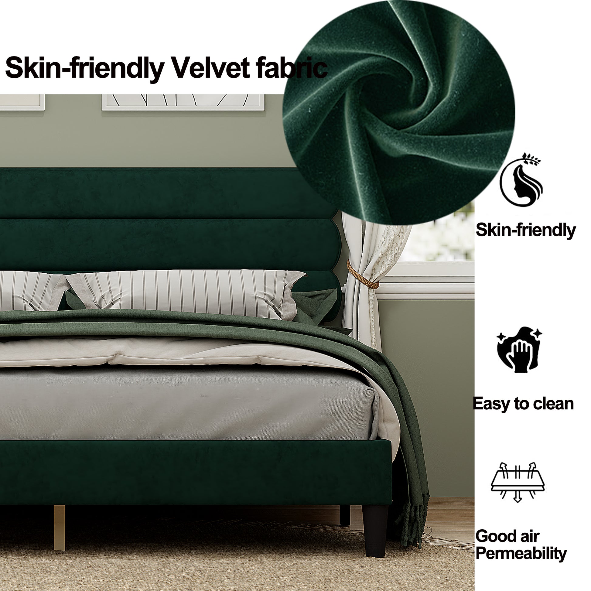 King Bed Frame With Headboard,Sturdy Platform Bed With Wooden Slats Support,No Box Spring,Mattress Foundation,Easy Assembly Green Green Wood