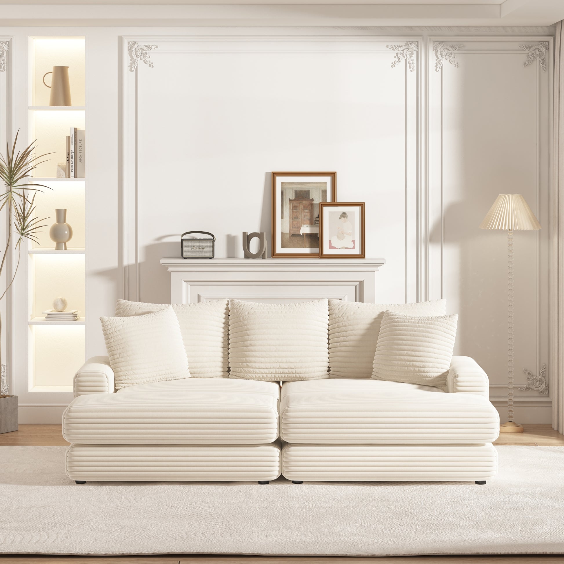 86.6Inch Corduroy 3 Seater Sofa With 3 Back Pillows2 Toss Pillows And Two Ottoman ,Comfy Sofa Deep Seat Couch For Living Room Beige Corduroy