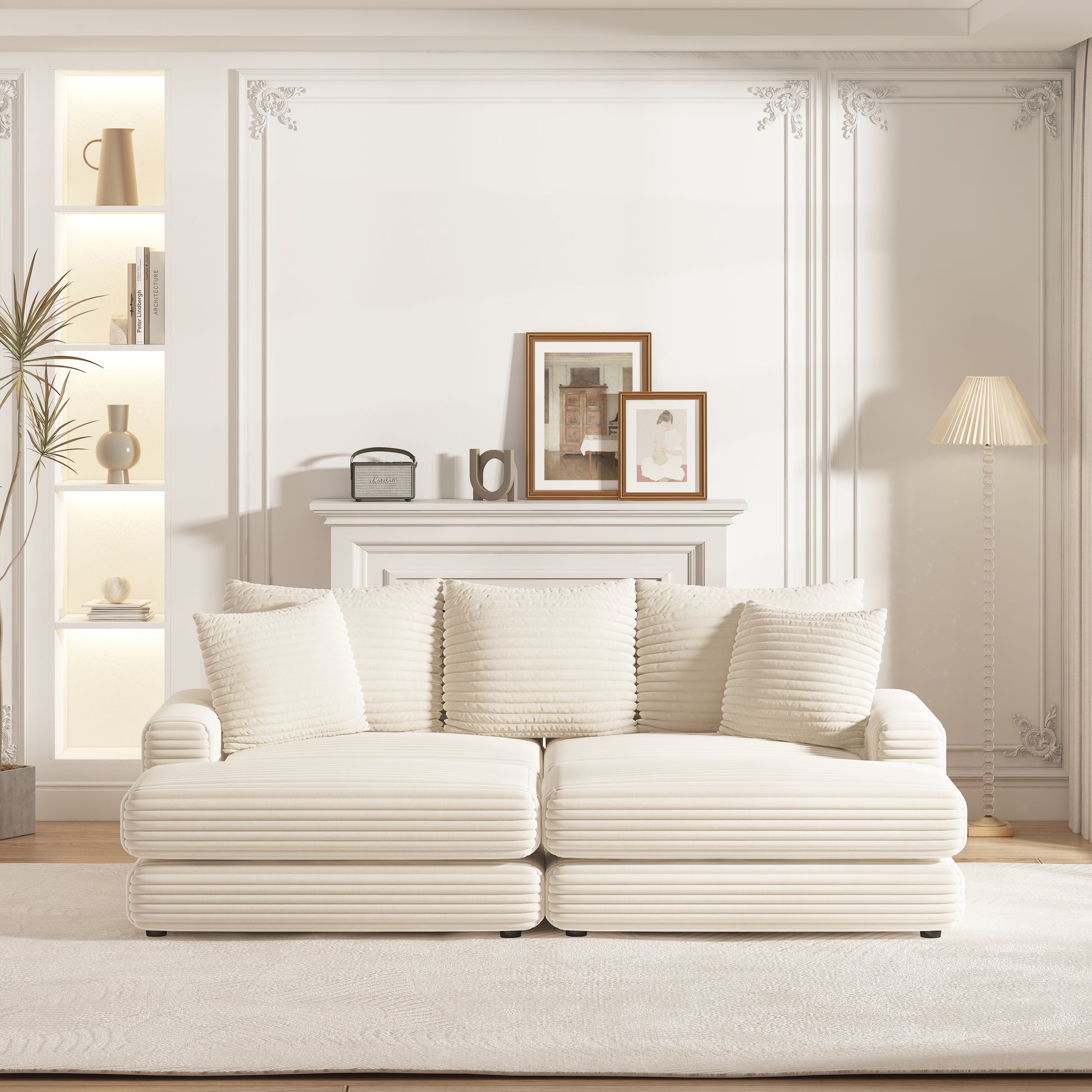 86.6Inch Corduroy 3 Seater Sofa With 3 Back Pillows2 Toss Pillows And Two Ottoman ,Comfy Sofa Deep Seat Couch For Living Room Ginger Corduroy 3 Seat