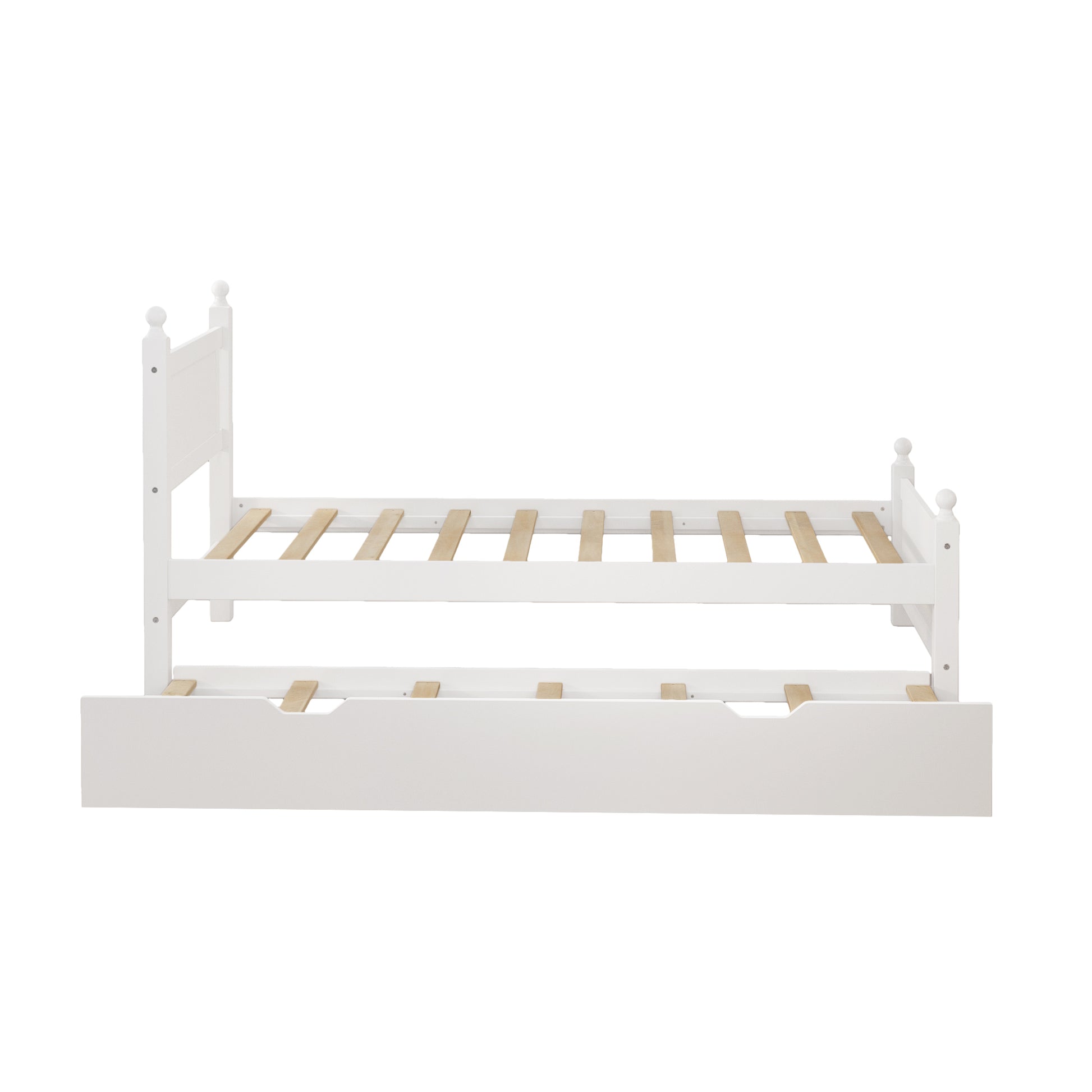 Twin Size Solid Wood Platform Bed Frame With Trundle For Limited Space Kids, Teens, Adults, No Need Box Spring, White Box Spring Not Required Twin White Wood Bedroom Mid Century Modern,Modern Pine Bed Frame Wood