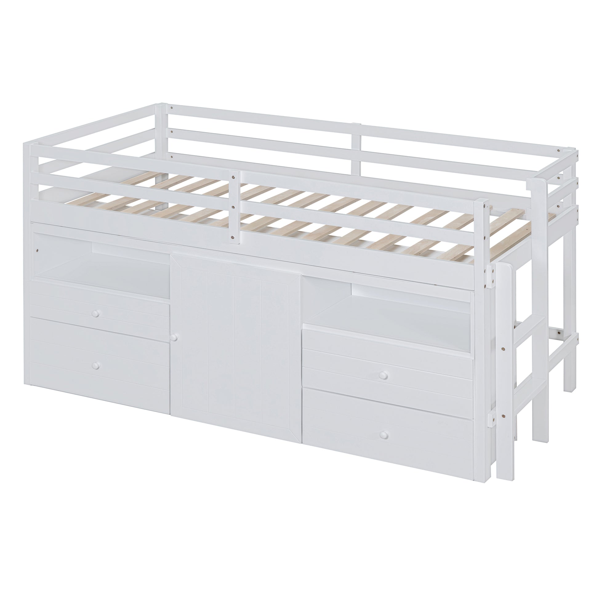 Twin Size Loft Bed With 4 Drawers, Underneath Cabinet And Shelves, White White Solid Wood Mdf