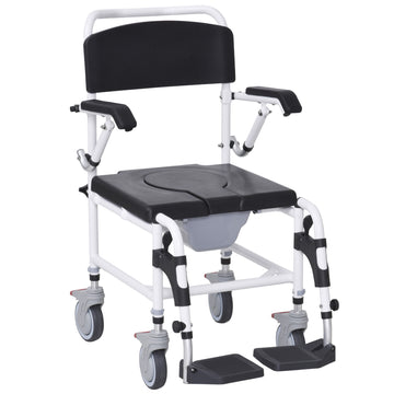 Accessibility Commode Wheelchair, Rolling Shower Wheelchair With 4 Castor Wheels, Rectangle Detachable Bucket, & Waterproof Design, 17" Seat Width, Black Black Pu Leather