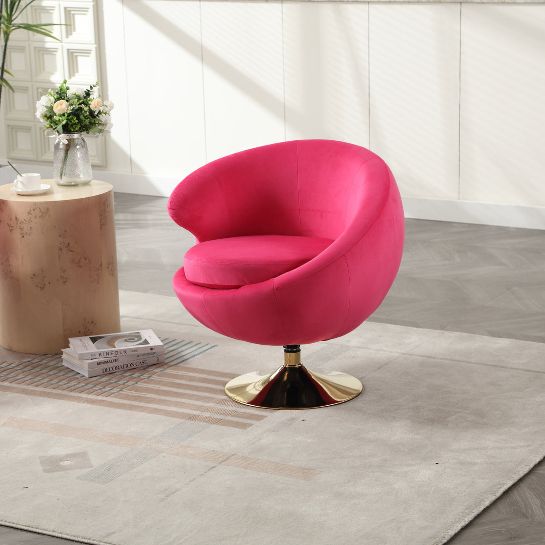 360 Degree Swivel Cuddle Barrel Accent Chairs, Round Armchairs With Wide Upholstered, Fluffy Fabric Chair For Living Room, Bedroom, Office, Waiting Rooms Rose Red Velvet