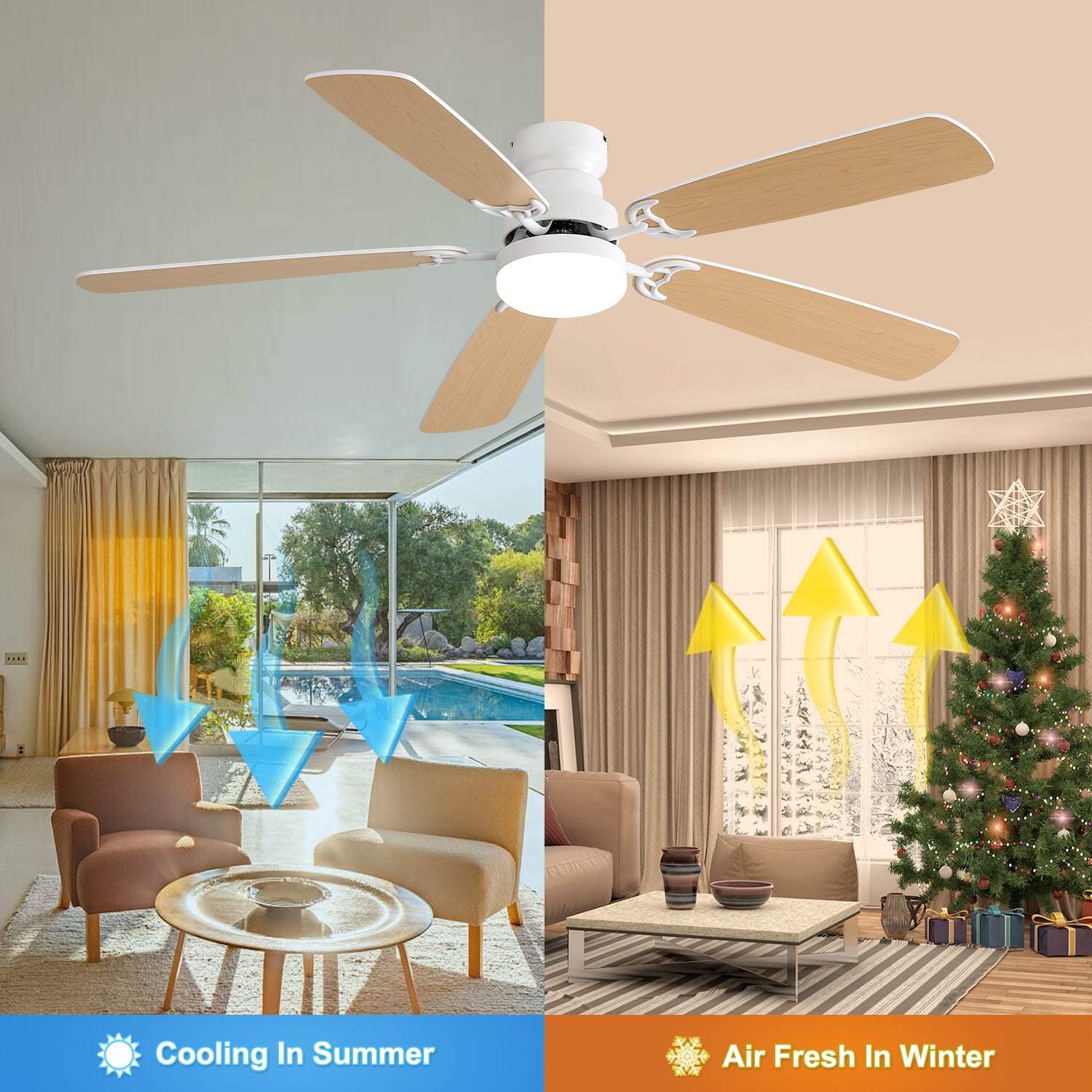 Indoor Modern 52 Inch With Dimmable 6 Speed Wind 5 Blades Remote Control Reversible Dc Motor With Led Light White Mdf