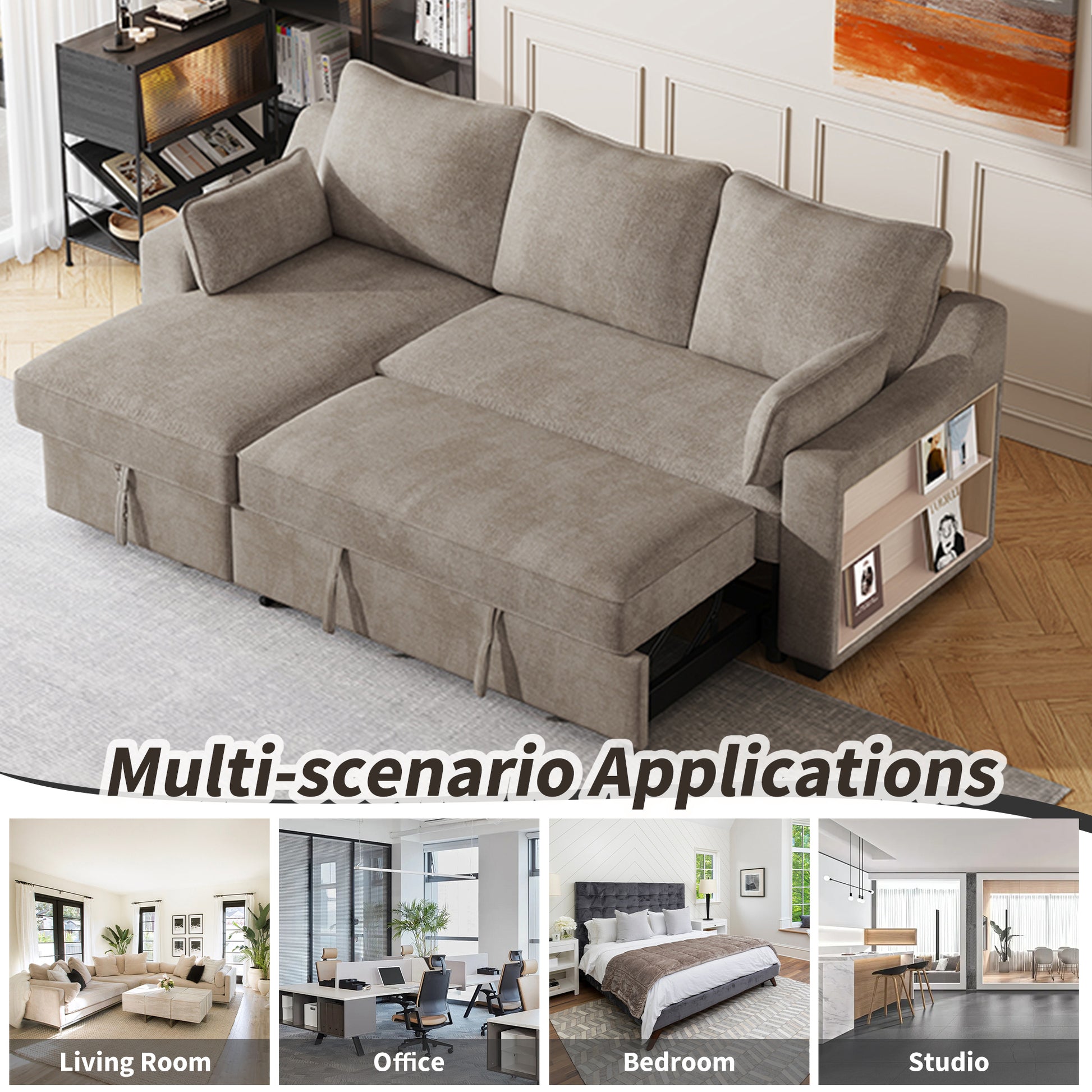 90" Pull Out Sleeper Sofa L Shaped Couch Convertible Sofa Bed With Storage Chaise, Storage Racks And Usb Ports, Light Brown Light Brown Foam Polyester 3 Seat