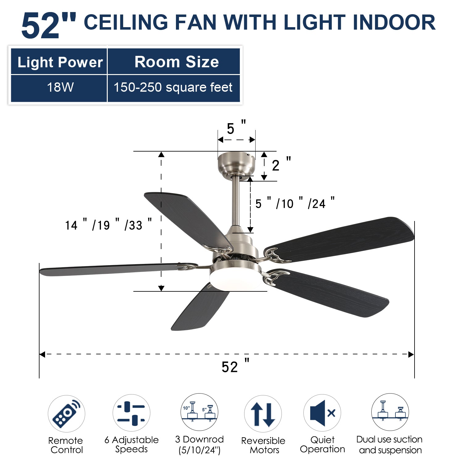 Modern 52 Inch Led With 110V 6 Speed Wind 5 Blades Remote Control Reversible Dc Motor With Light Nickel Mdf