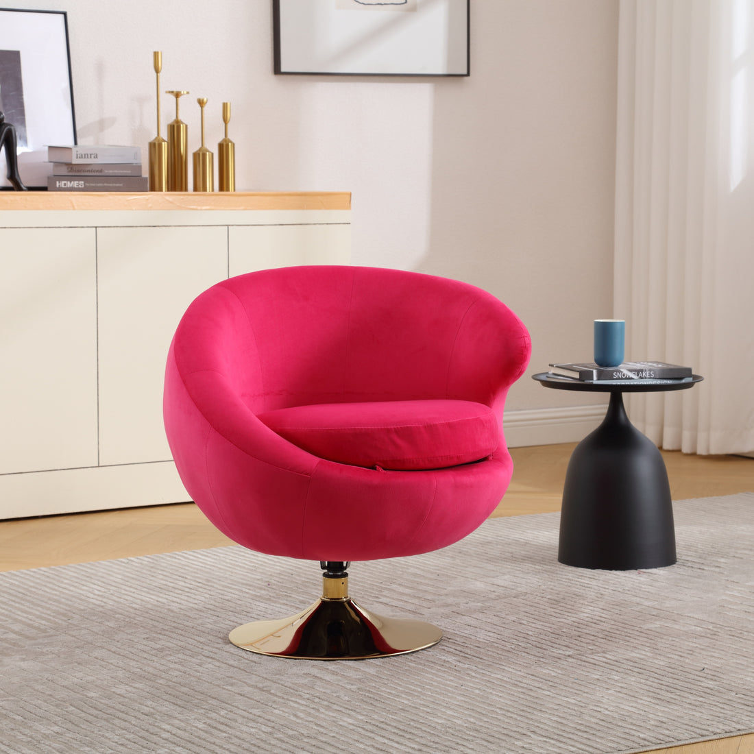 360 Degree Swivel Cuddle Barrel Accent Chairs, Round Armchairs With Wide Upholstered, Fluffy Fabric Chair For Living Room, Bedroom, Office, Waiting Rooms Rose Red Velvet