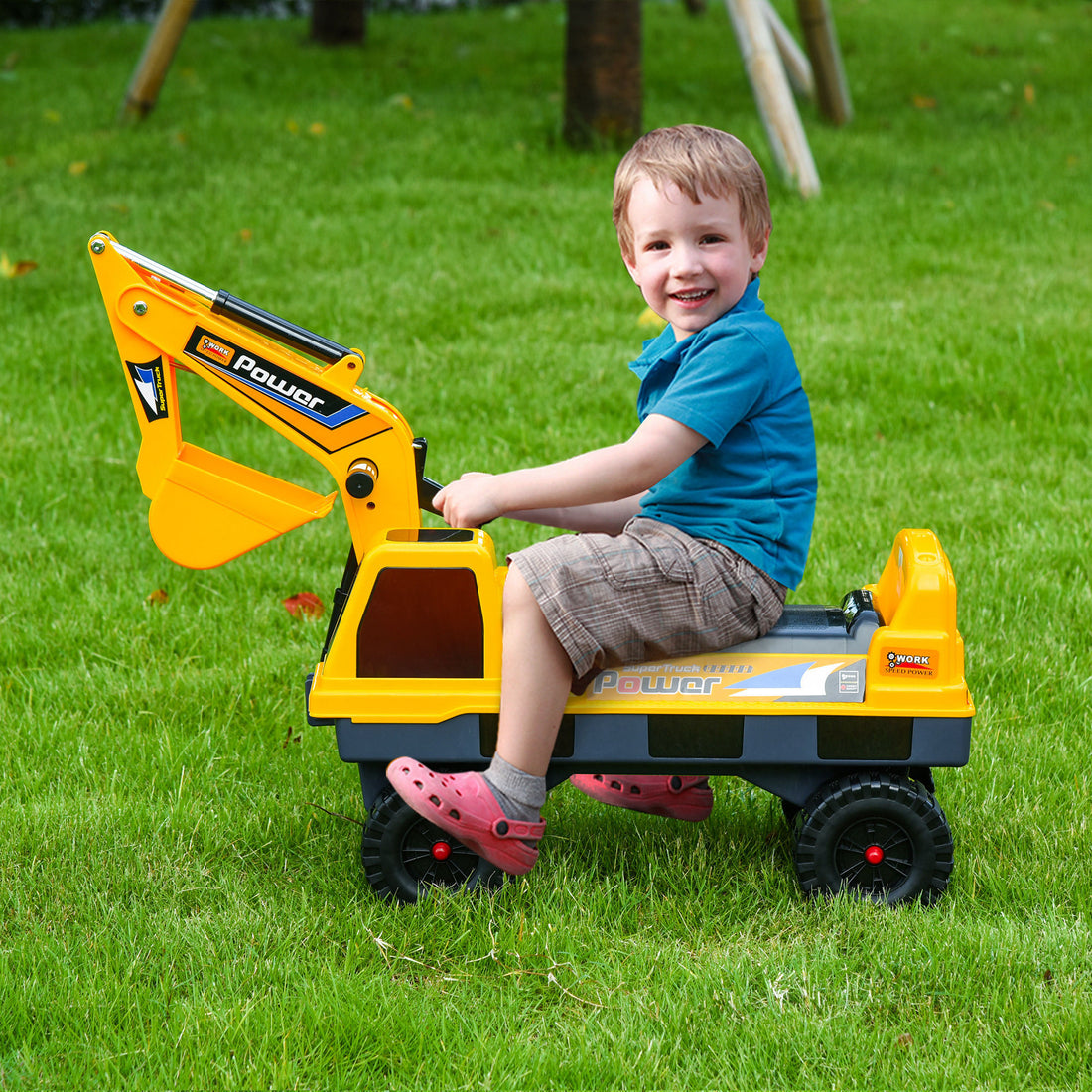 No Power 2 In 1 Ride On Excavator With Helmet And Claw, Construction Truck Set, Multi Functional Digger With Storage, Light And Music, Yellow Yellow Abs