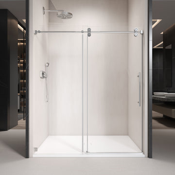 68'' 72'' W X 76'' H Single Sliding Frameless Shower Door With 3 8 Inch 10Mm Clear Glass In Chrome Chrome Stainless Steel