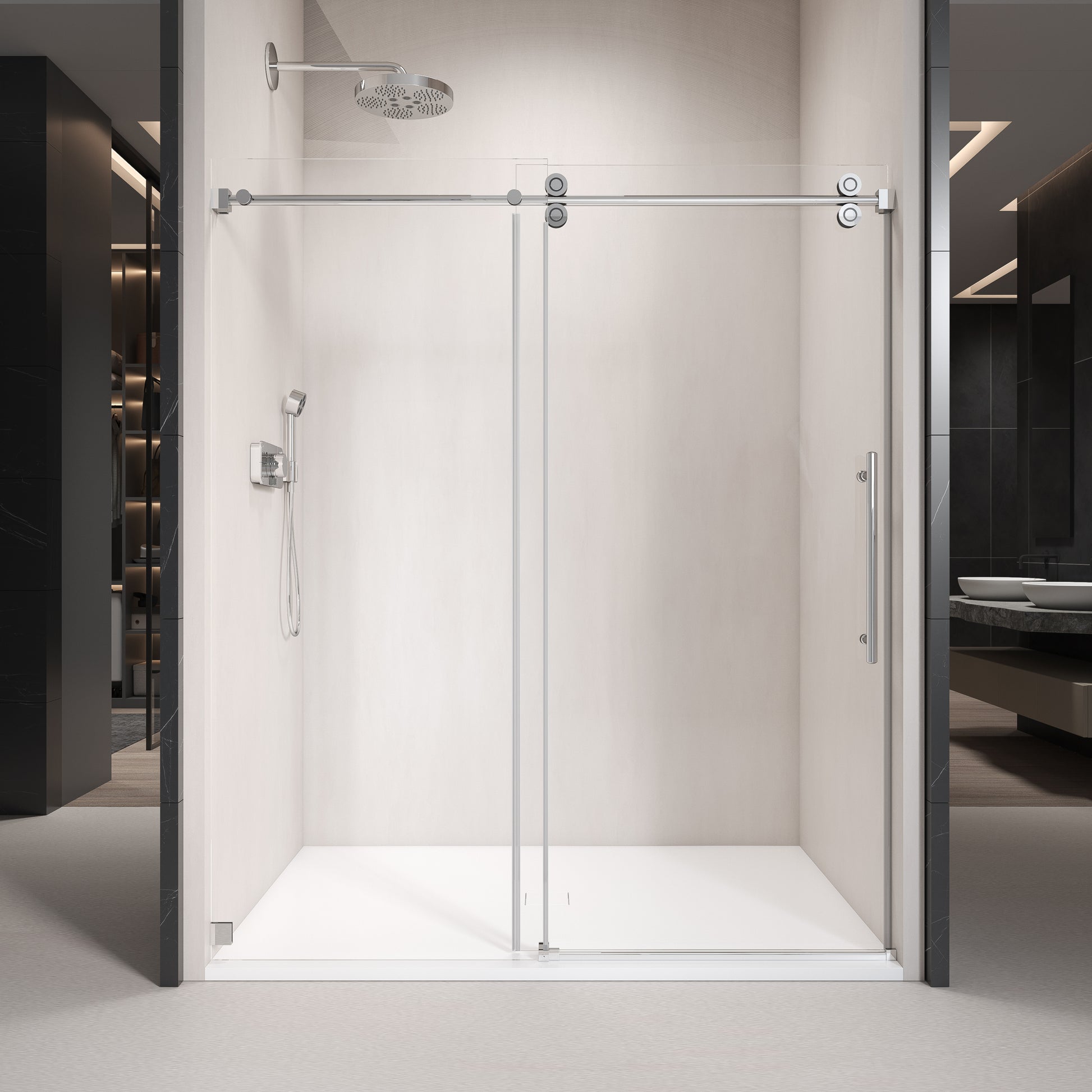 50'' 54'' W X 76'' H Single Sliding Frameless Shower Door With 3 8 Inch 10Mm Clear Glass In Chrome Chrome Stainless Steel