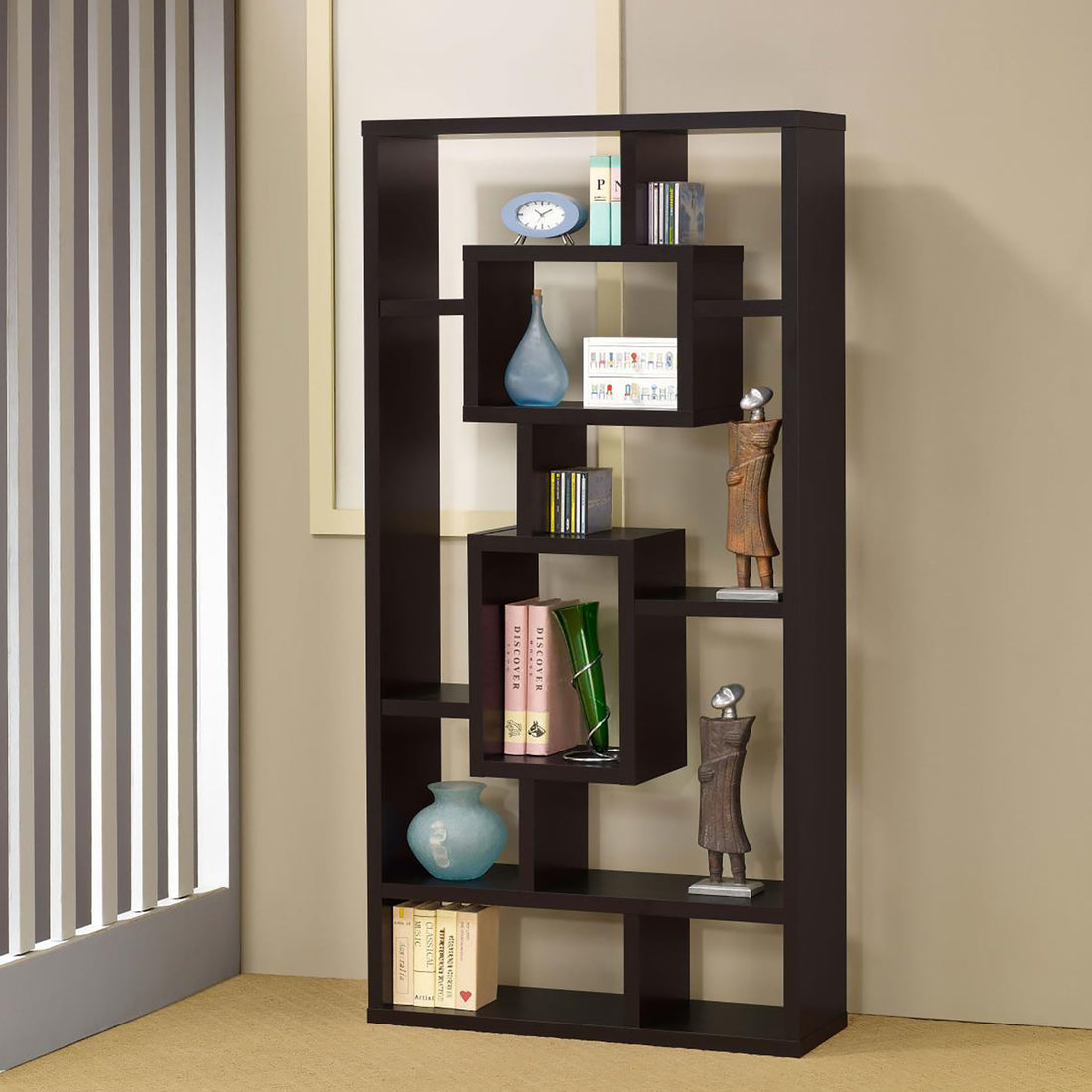 Cappuccino 10 Shelf Open Back Bookcase 8 Or More Brown Geometric Horizontal Primary Living Space Open Back Wood Contemporary,Modern Wood