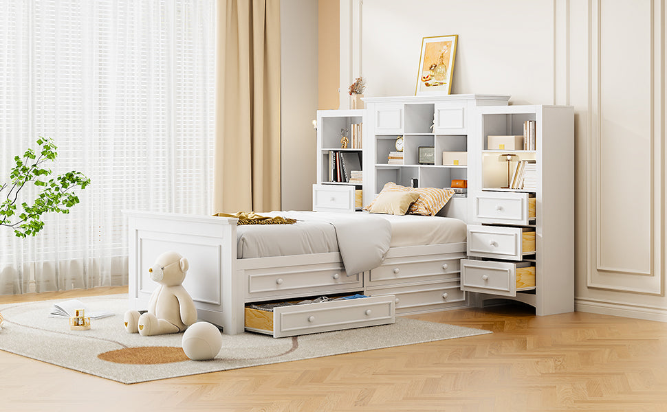 Twin Size Wood Platformbed With Vertical All In One Cabinet And 4 Drawers On Each Side, White Twin White Solid Wood Mdf