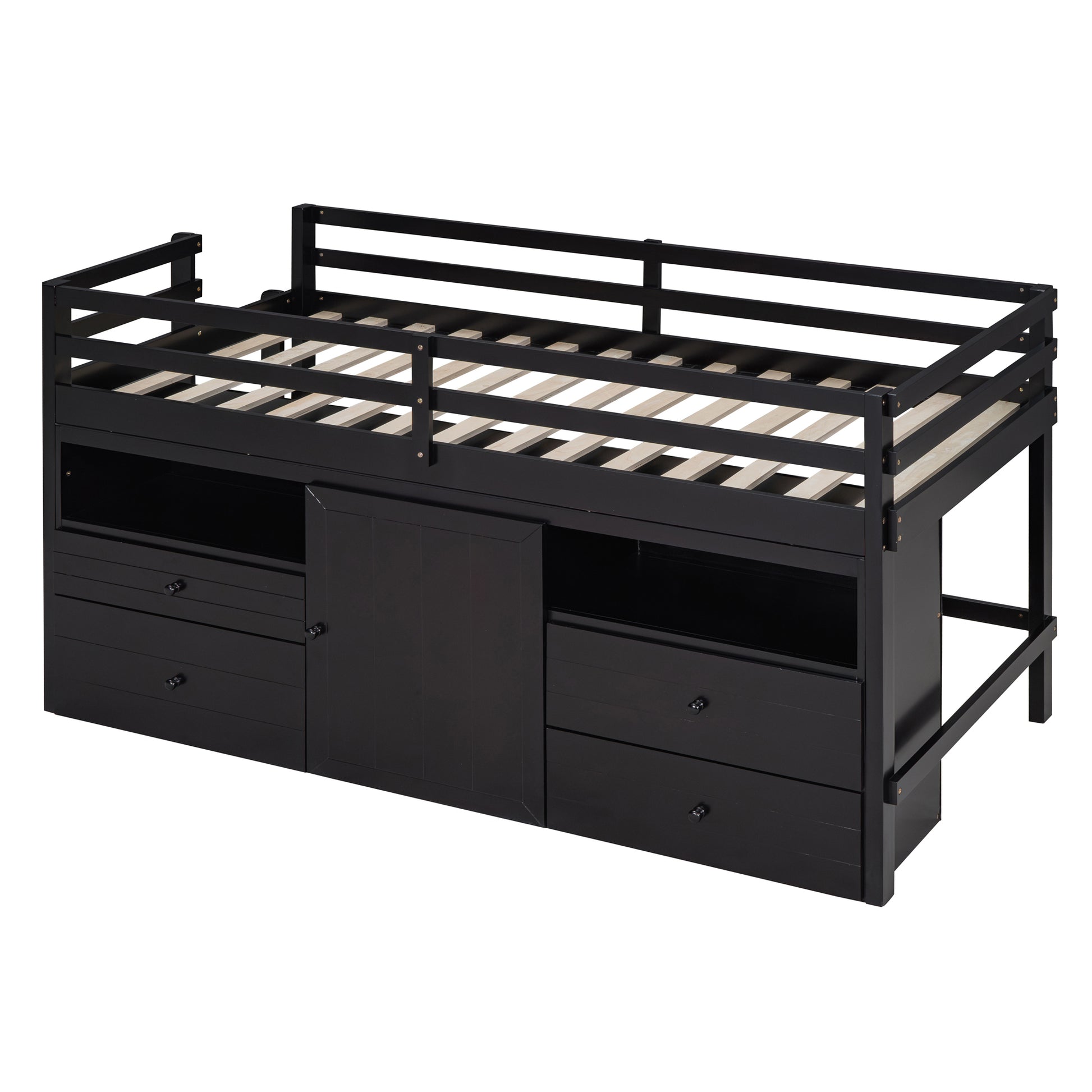 Twin Size Loft Bed With 4 Drawers, Underneath Cabinet And Shelves, Espresso Espresso Solid Wood Mdf