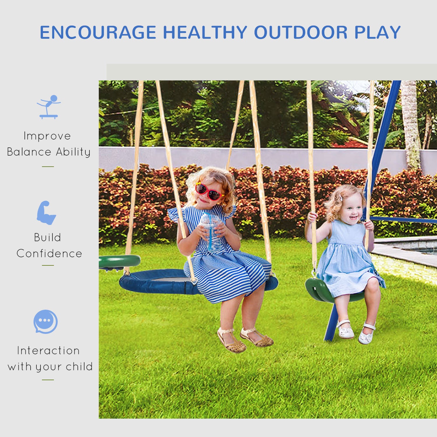 616 Lbs Swing Set For Backyard, 5 In 1 Heavy Duty A Frame Stand Outdoor Playset For Kids, With Saucer Swing, Slide, Seesaw, Glider, Swing Seat Blue Steel