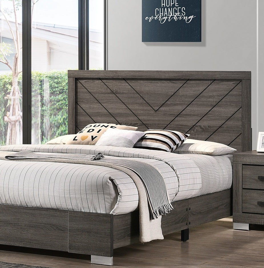 Contemporary Grey Finish Unique Queen Size Bed 1Pc Bedroom Furniture Unique Lines Headboard Wooden Box Spring Not Required Queen Gray Wood Bedroom Classic,Contemporary,Modern Bed Frame Solid Wood Mdf