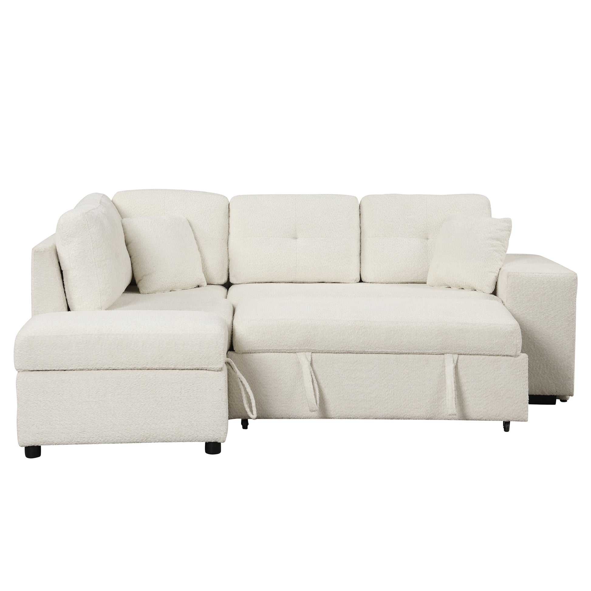 87.7" Convertible Sleeper, Sectional Pull Out Sofa Bed With Storage Ottoman, 2 Throw Pillows, 2 Stools, Wireless Charger And Two Hidden Usb Ports For Living Room, Cream Cream Chenille 4 Seat