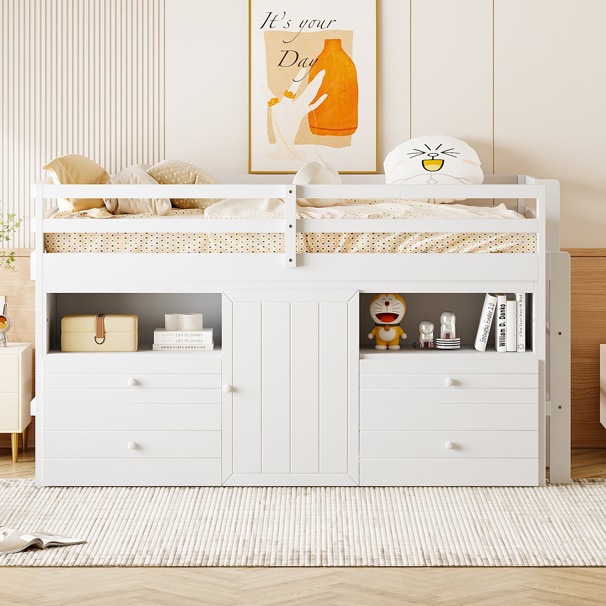 Twin Size Loft Bed With 4 Drawers, Underneath Cabinet And Shelves, White White Solid Wood Mdf